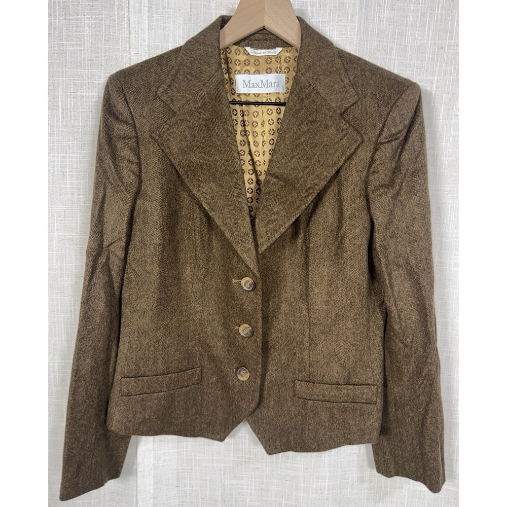 Max Mara Italy Brown Virgin Wool & Angora Blazer Women's US Sz 12 Herringbone